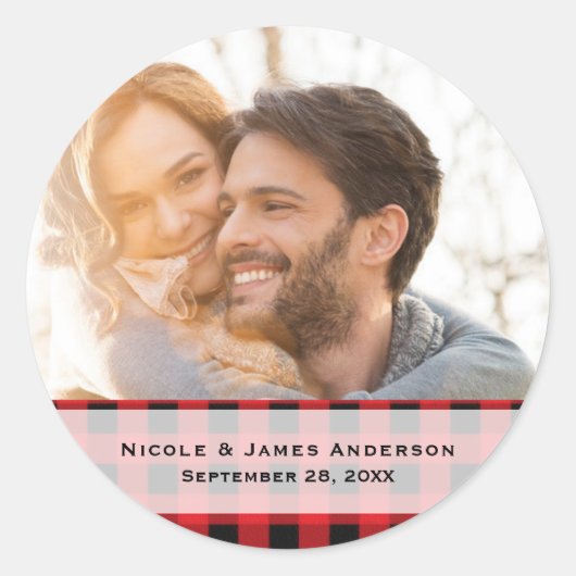 Sticker Rond Chèque de mariage moderne Noir & Rouge Plaid Faveu (Devant)