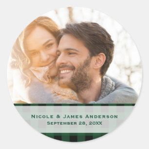 Sticker Rond Chèque Plaid Noir & Vert Mariage Moderne Favoriser