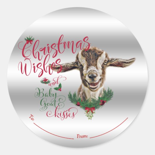 Sticker Rond CHÈQUE | Souhaits de Noël Bébé Chèvre Baisers Basc (Devant)
