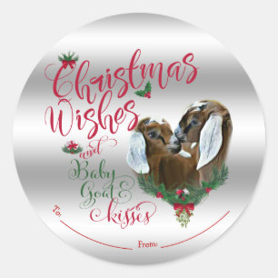 Sticker Rond CHÈQUE   voeux de Noël Bébé Chèvre Baisers Nubian
