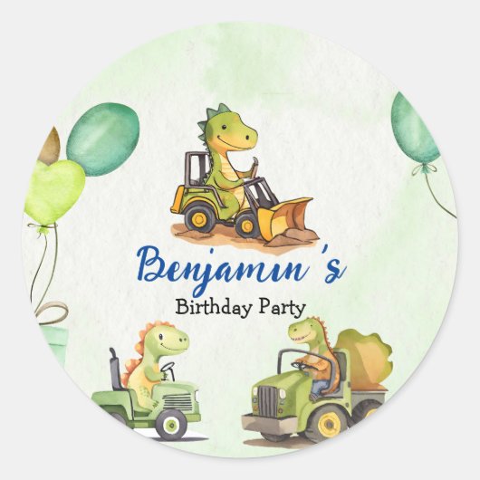 Sticker Rond Cher dinosaure de construction ballon de camion de (Devant)