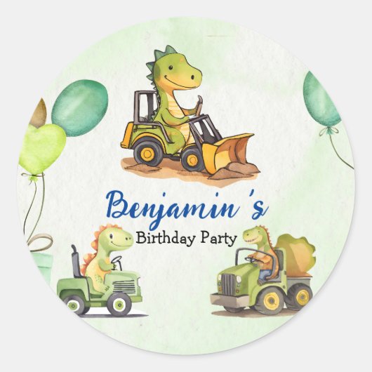 Sticker Rond Cher dinosaure de construction ballon de camion de (Devant)