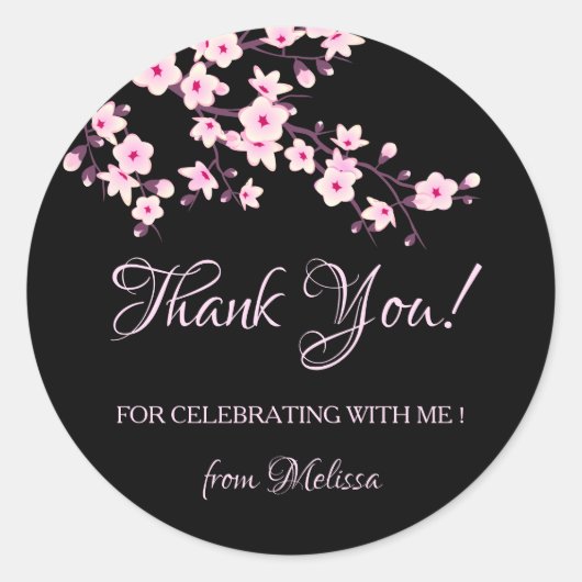 Sticker Rond Cherry Blossoms Pink Black Thank You (Devant)