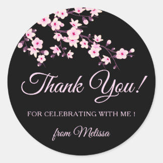 Sticker Rond Cherry Blossoms Pink Black Thank You