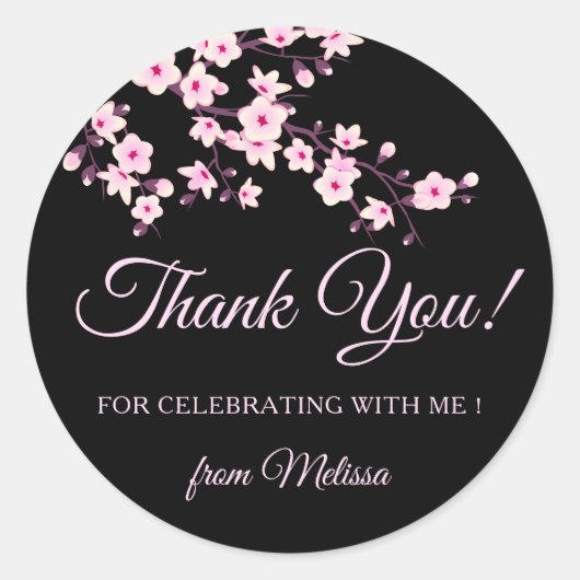 Sticker Rond Cherry Blossoms Pink Black Thank You (Devant)