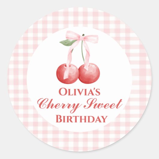 Sticker Rond Cherry Sweet anniversaire Pink Bow En vichy (Devant)