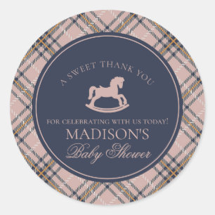 Sticker Rond Cheval à Bascule à Carreaux Tartan Rose Cadeau pou