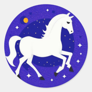 Sticker Rond Cheval Blanc Élégant dans une Affichage de Nuit Co