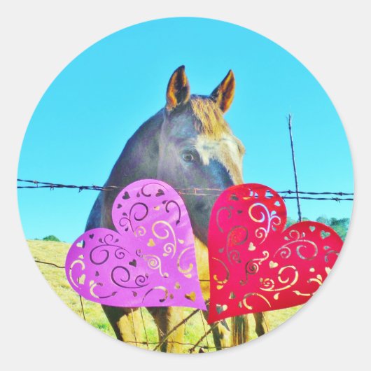 Sticker Rond Cheval blanc et Brown Valentine Coeurs (Devant)