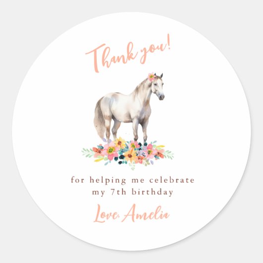 Sticker Rond Cheval blanc fête d'anniversaire Floral Merci rose (Devant)