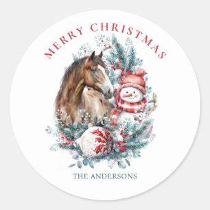 Sticker Rond Cheval bonhomme de neige aquarelle de Noël élégant