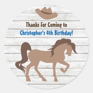 Sticker Rond Cheval Brown et Cowboy Casquette Occident Annivers