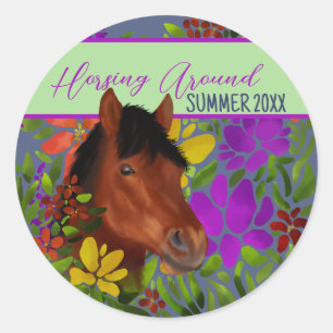 Sticker Rond Cheval Brown Lover Autour De Fleur
