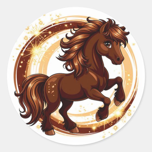 Sticker Rond Cheval Brun Animé Se Cabrant (Devant)