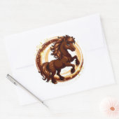 Sticker Rond Cheval Brun Animé Se Cabrant (Enveloppe)