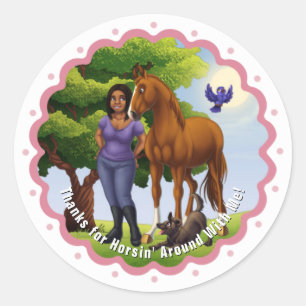 Sticker Rond Cheval châtaigne et fille