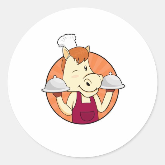 Sticker Rond Cheval comme cuisinier avec plateaux de service (Devant)