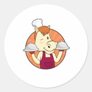 Sticker Rond Cheval comme cuisinier avec plateaux de service