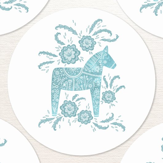 Sticker Rond Cheval de Dala suédois Turquoise et blanc