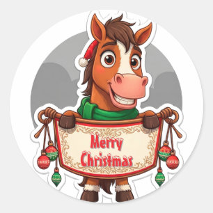 Sticker Rond Cheval de dessin animé de Noël joyeux
