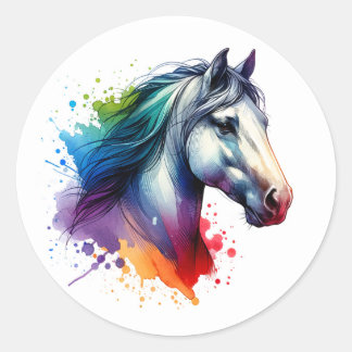 Sticker Rond Cheval de l'aquarelle arc-en-ciel