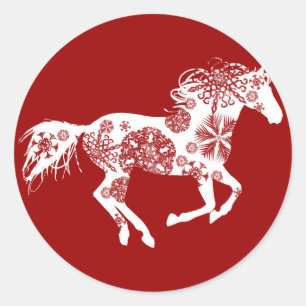 Sticker Rond Cheval de Noël aux flocons rouges et blancs