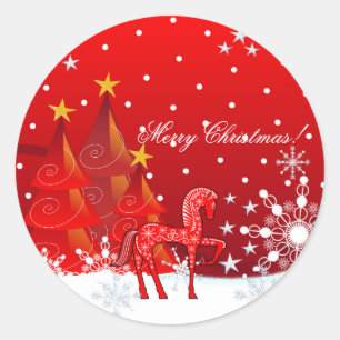 Sticker Rond Cheval de Noël, Snowflakes, Arbres & texte personn