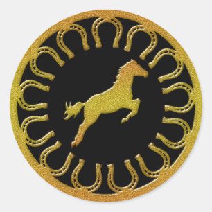STICKER ROND CHEVAL D'OR ET CHEVAUX