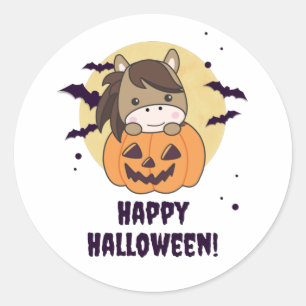 Sticker Rond Cheval En Chevaux Doux Citrouille Joyeux Halloween