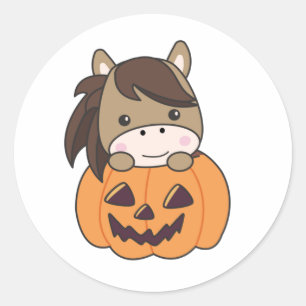 Sticker Rond Cheval En Chevaux Doux Citrouille Joyeux Halloween