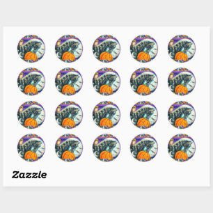 STICKER ROND CHEVAL MAGIQUE NOIR, OWL, JACK-O'-LANTERN & SKULLS