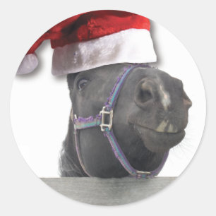 Sticker Rond Cheval Noël Santa Hat