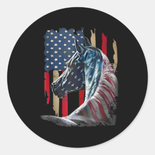 Sticker Rond Cheval Patriotique Usa Drapeau Vintage Cheval 4 ju