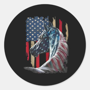 Sticker Rond Cheval Patriotique Usa Drapeau Vintage Cheval 4 ju