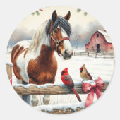 Sticker Rond Cheval Pinto tacheté et Cardinals Noël (Devant)