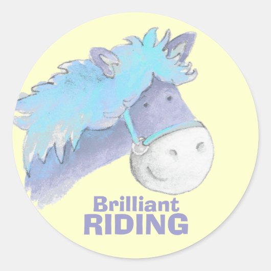 Sticker Rond Cheval poney équitation jaune bleu éloge (Devant)