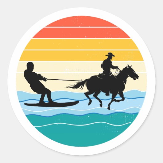 Sticker Rond Cheval Surf Wakeboard Eau Ski Rétro (Devant)