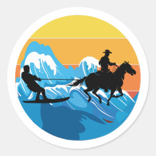 Sticker Rond Cheval Surf Wakeboard Eau Ski Rétro
