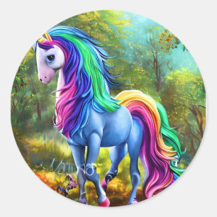 Sticker Rond Cheval Unicorne coloré dans la forêt-46567