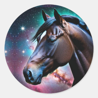 Sticker Rond Cheval's Head avec un Arrière - plan Galaxy