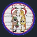 Sticker Rond Chevaux de covoiturage - 'Mare'y Christmas<br><div class="desc">Ces Chevaux de Noël Caroler sont là pour vous souhaiter un Noël Mare'y ! Amusant jouer sur les mots image avec chanter des chevaux contre arrière - plan de partitions. Design original par Christie Black de Creations from the Heart.</div>