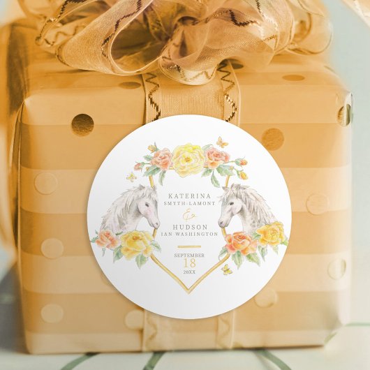 Sticker Rond Chevaux gris et roses jaunes mariage monogrammé