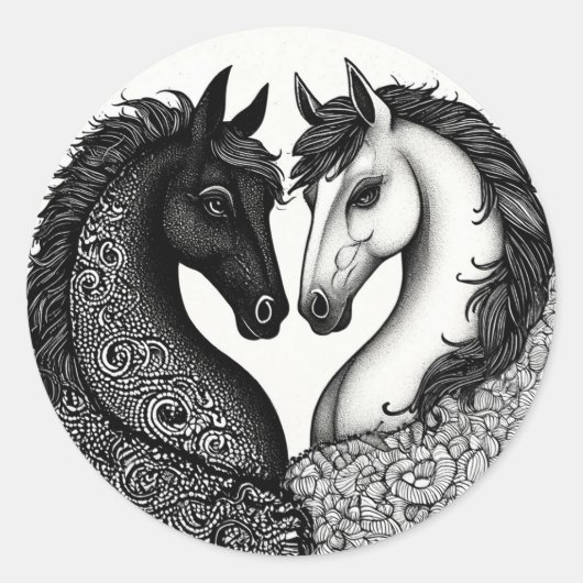 Sticker Rond Chevaux Noirs et Blancs 🐴 Duo Équestre Élégant Ar (Devant)