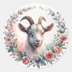 Sticker Rond Chèvre dans l'aquarelle de la couronne florale