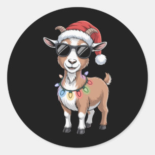 Sticker Rond Chèvre de Noël Chapeau de Père Noël Lunettes Lumiè