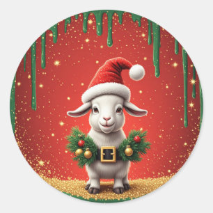 Sticker Rond Chèvre de Noël mignonne avec chapeau de Père Noël,