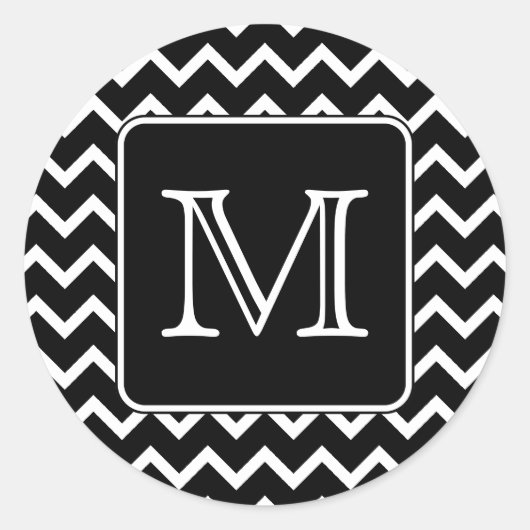 Sticker Rond Chevron noir et blanc avec Monogramme personnalisé (Devant)