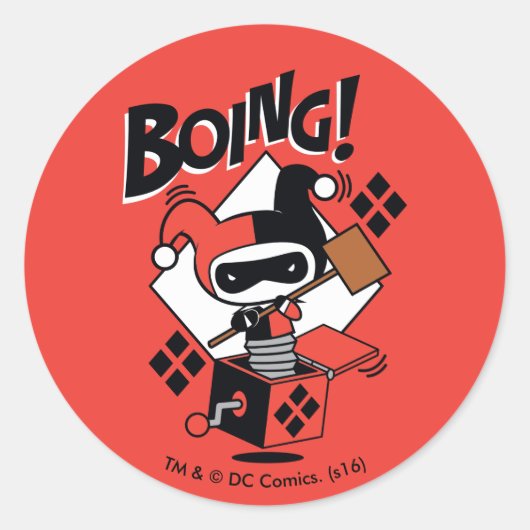 Sticker Rond Chibi Harley-Quinn-In-A-Box Avec Marteau (Devant)