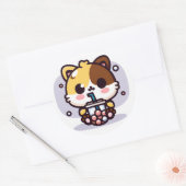 Sticker Rond Chibi Kawaii Chat Boire Bubble Thé Classique Round (Enveloppe)