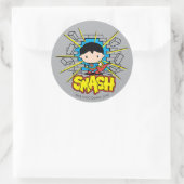 Sticker Rond Chibi Superman Frappant À Travers Un Mur De Brique (Sac)